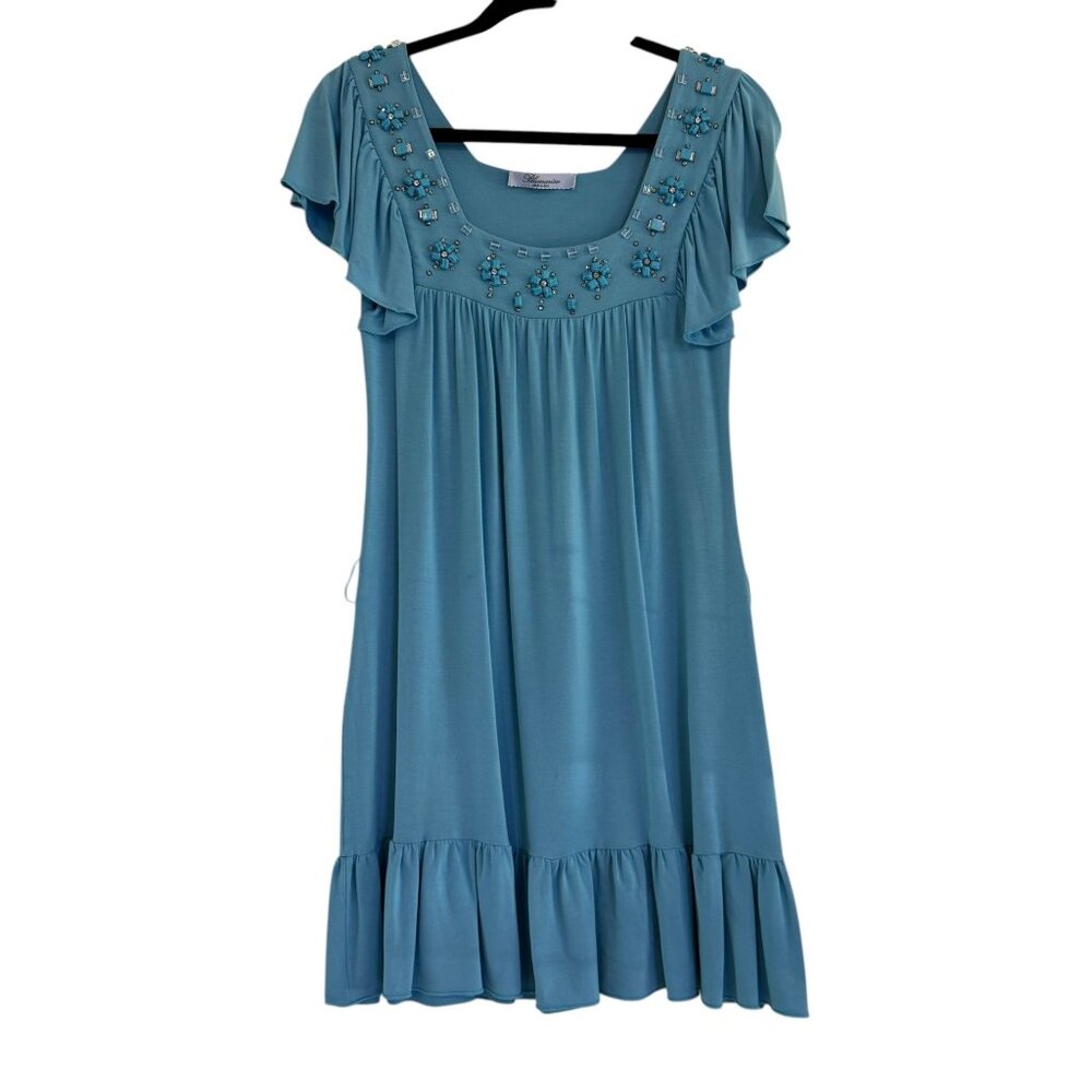 Blumarine Blue Beaded Ruffle Dress Modal Stretch Italy Women’s 42 / US 6